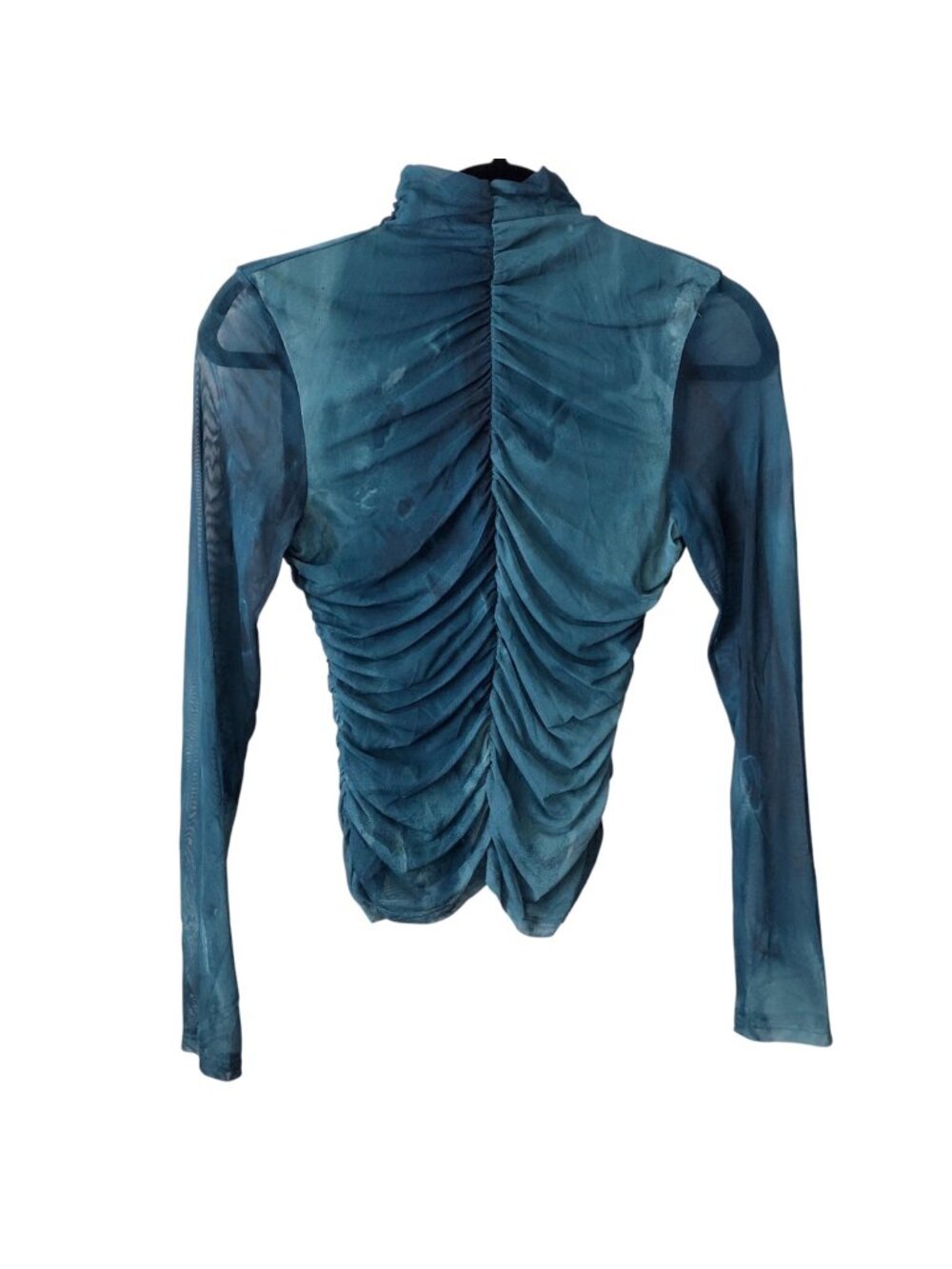 Zara Blue Green High Neck Ruched Long-Sleeve Sheer Top S